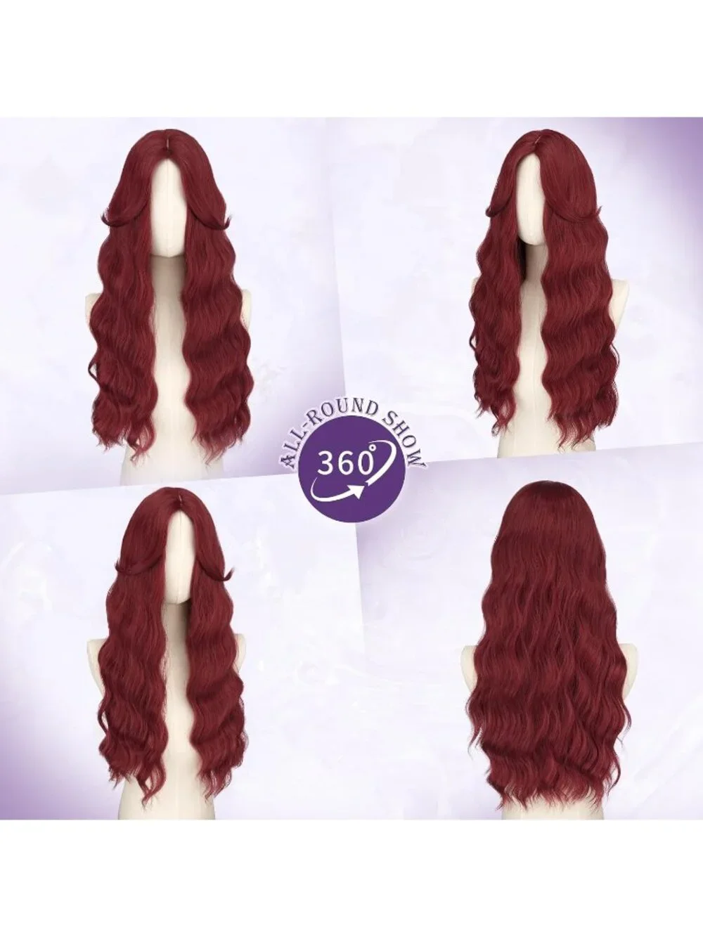 Women's Red 26 Inch Heat Resistant Curtain Bangs Long Wavy Wigs